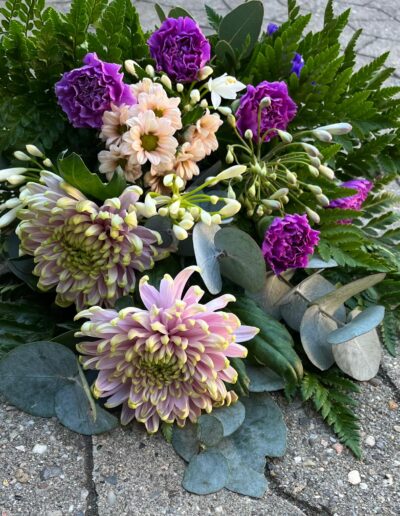 Begravelse, blomster, buket, lilla, smukke